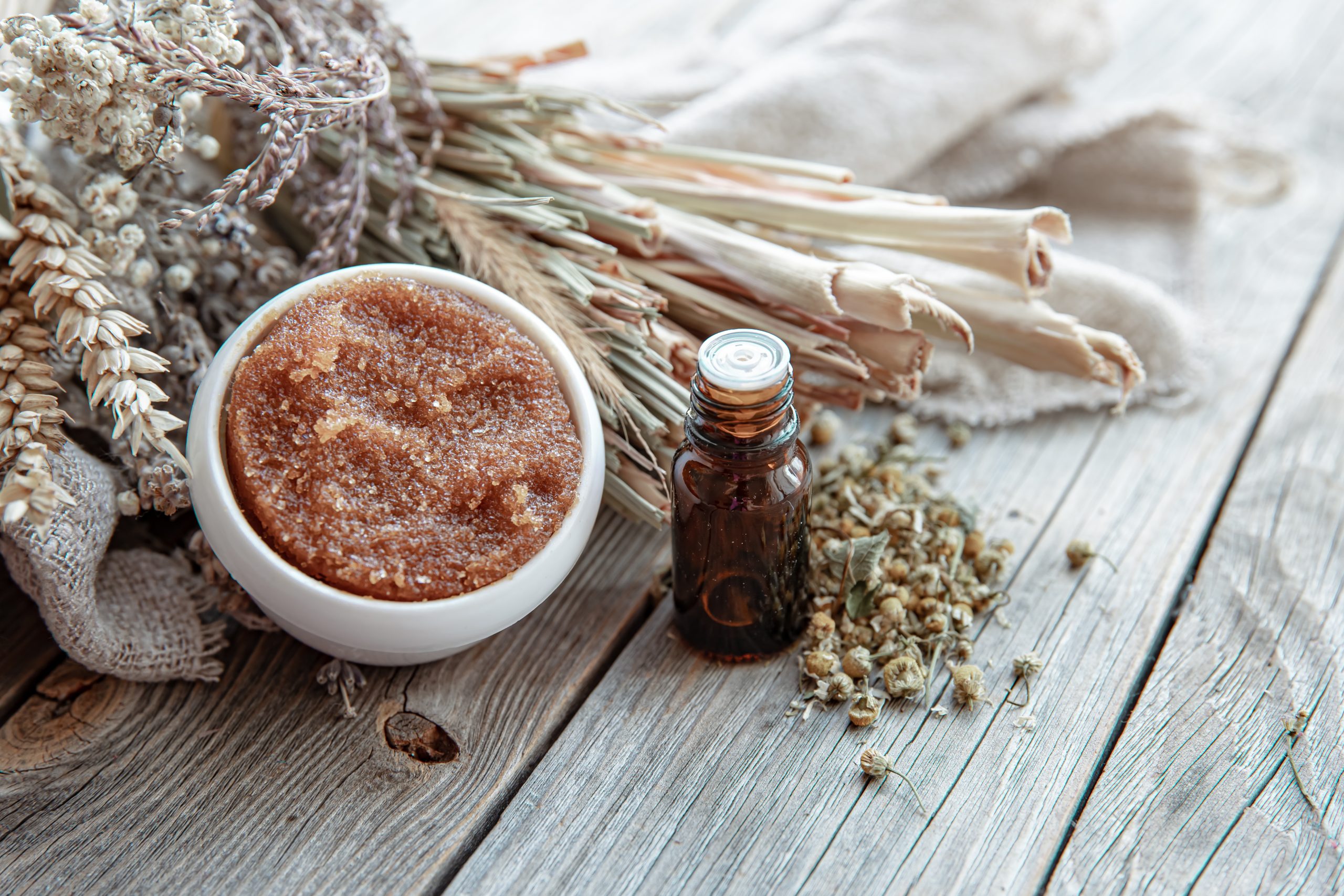 Spa composition with natural body care products in a rustic style.